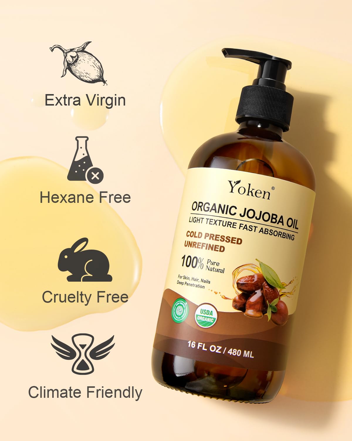 Yoken Organic Jojoba Oil 16oz bottle with essential oils