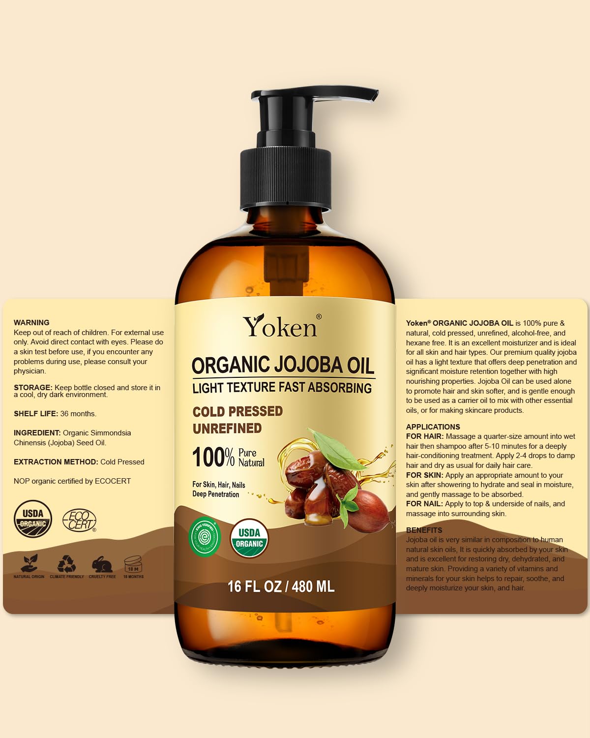 Yoken Organic Jojoba Oil 16oz bottle with natural ingredients