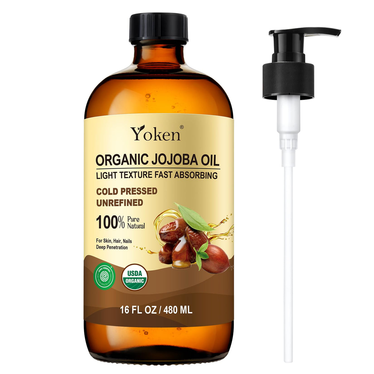 Yoken Organic Jojoba Oil 16oz glass bottle front view