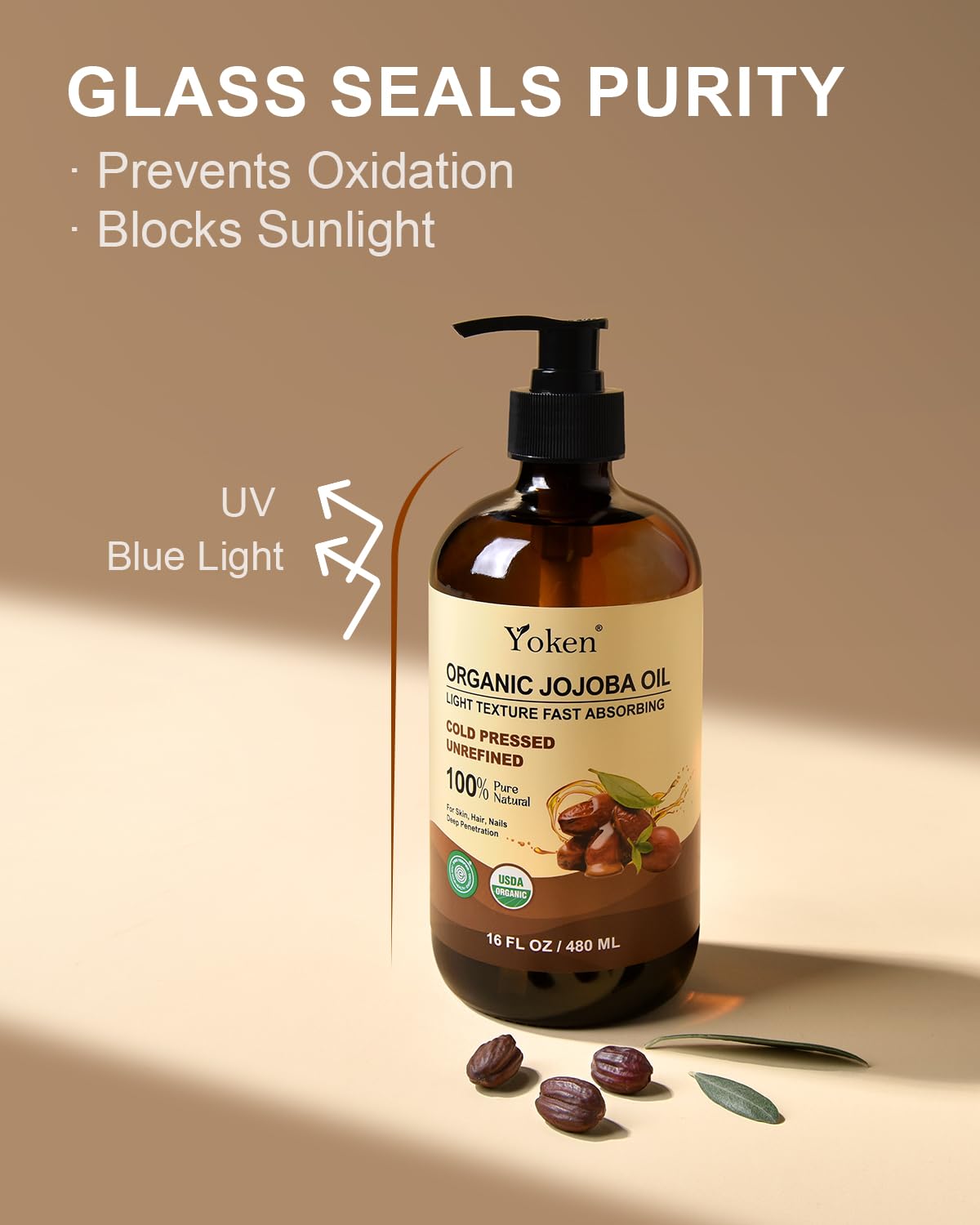 Yoken Organic Jojoba Oil 16oz with dropper on a wooden surface