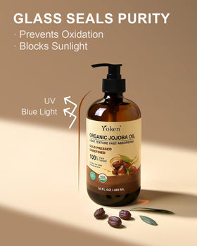 Yoken Organic Jojoba Oil 16oz with dropper on a wooden surface
