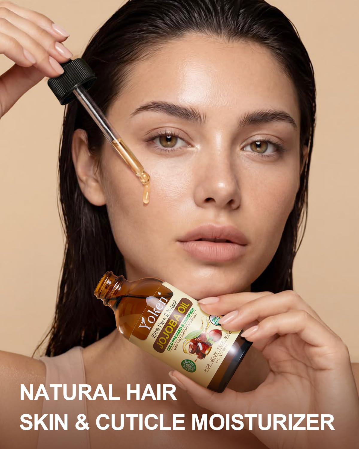 Yoken Organic Jojoba Oil 4oz displayed with skincare products