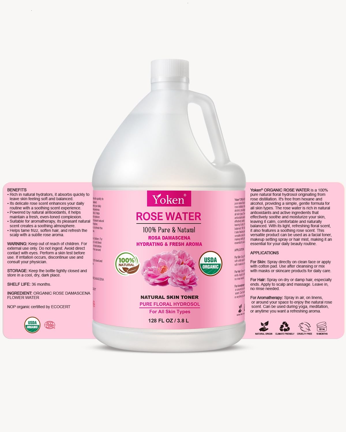 Yoken Organic Rose Water 128oz being applied on skin
