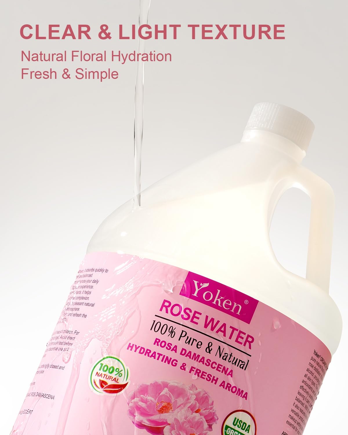 Yoken Organic Rose Water 128oz close-up of the bottle