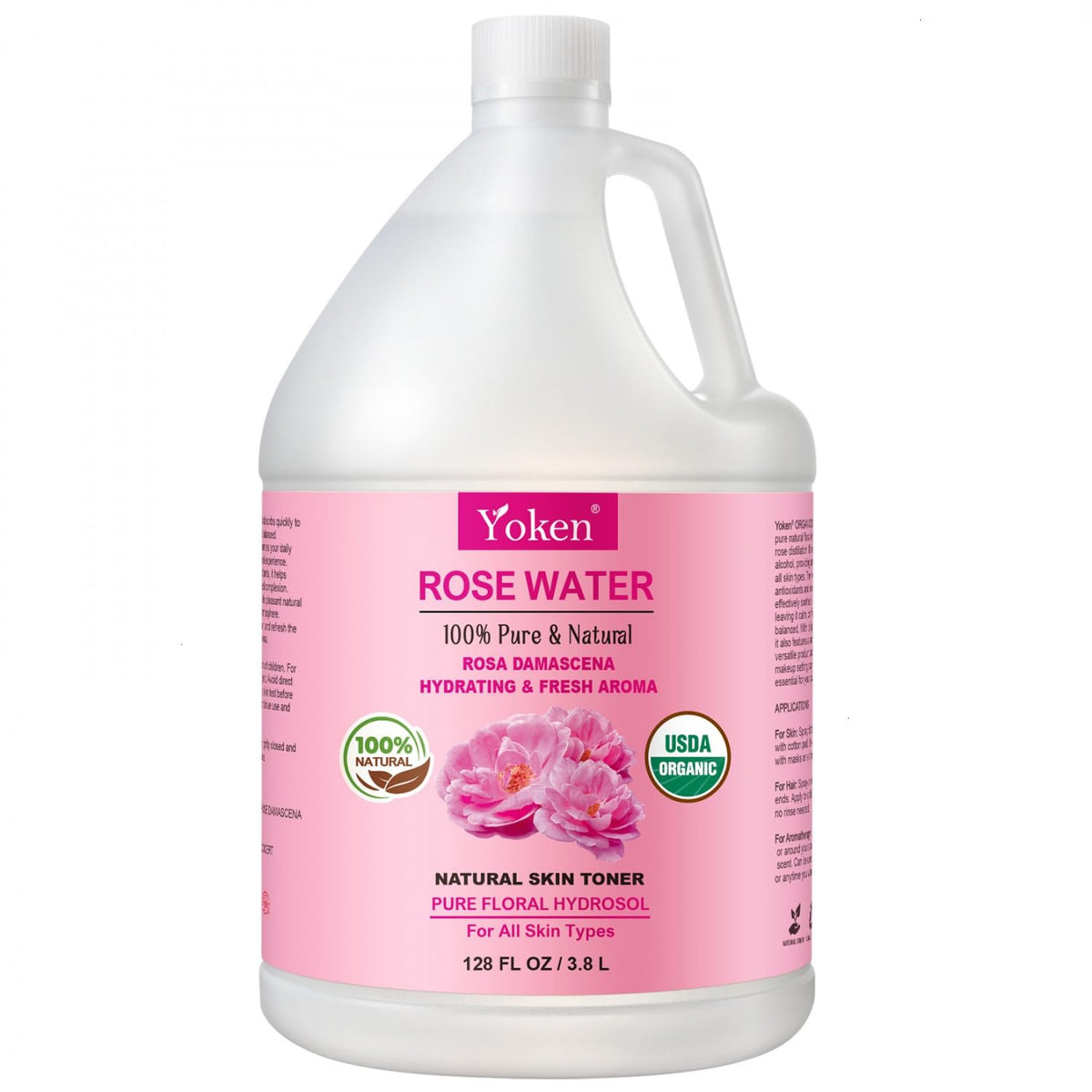 Yoken Organic Rose Water 128oz front view with label