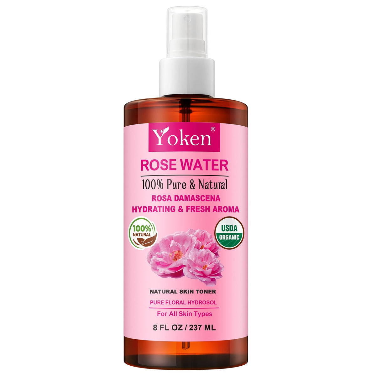Yoken Organic Rose Water Spray 8oz front view