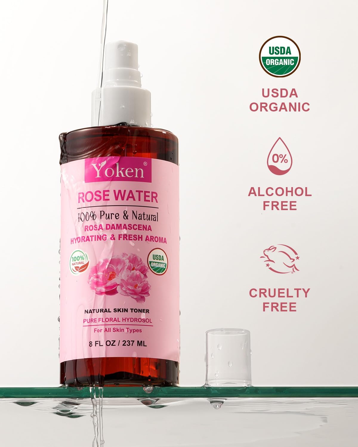 Yoken Organic Rose Water Spray 8oz with protective cap