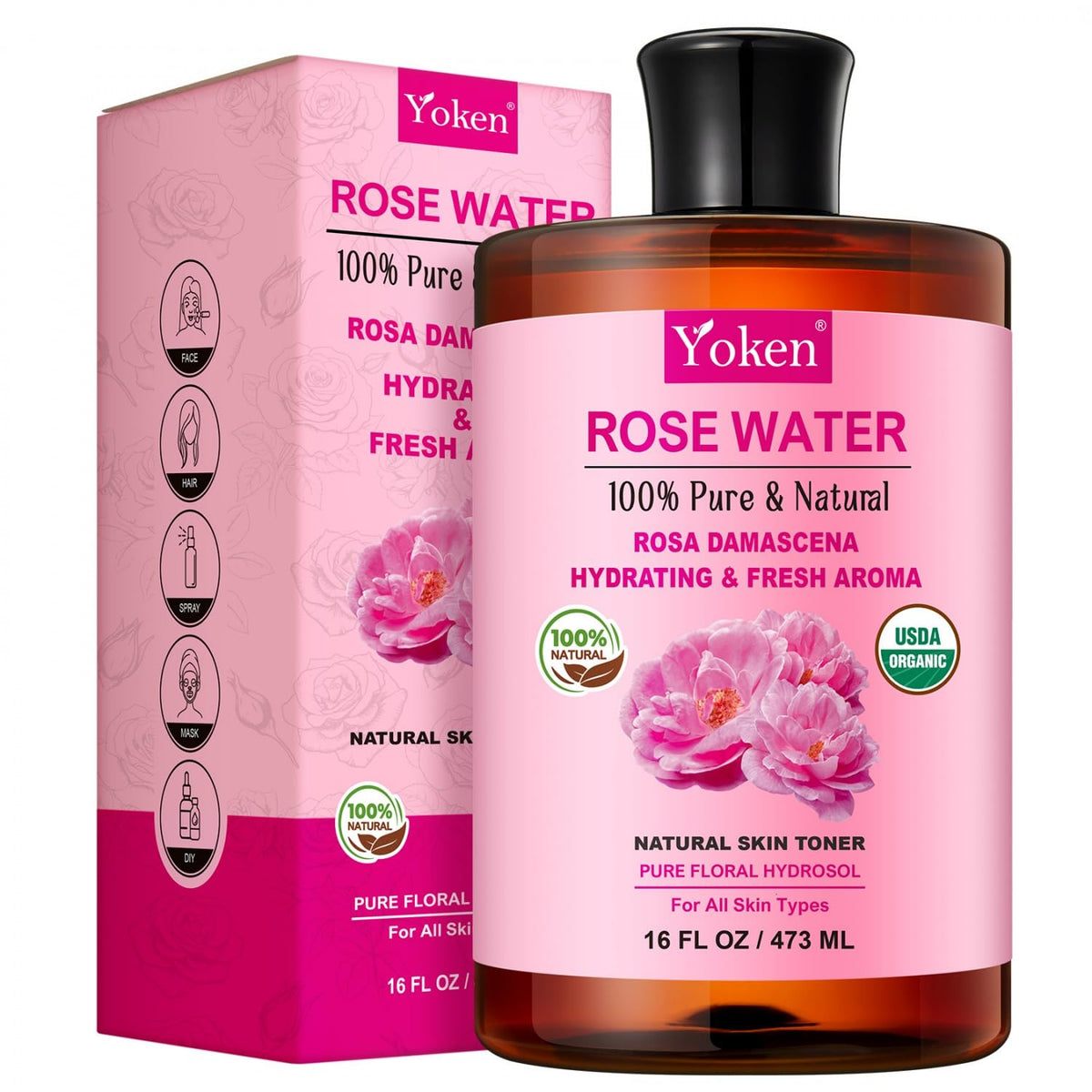 Yoken Organic Rose Water Toner 16oz amber bottle front view