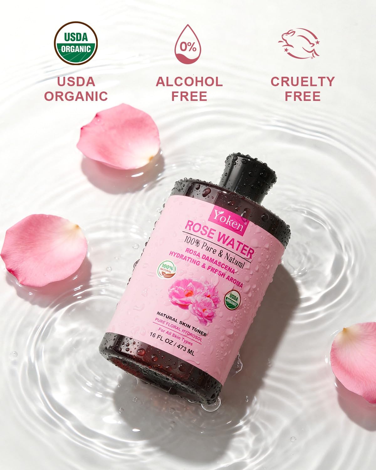 Yoken Organic Rose Water Toner 16oz bottle side view