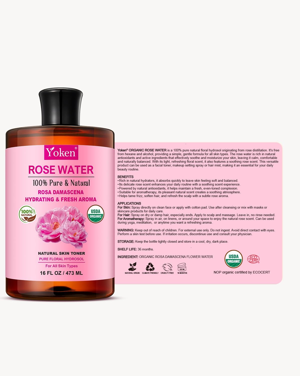 Yoken Organic Rose Water Toner 16oz with skincare products
