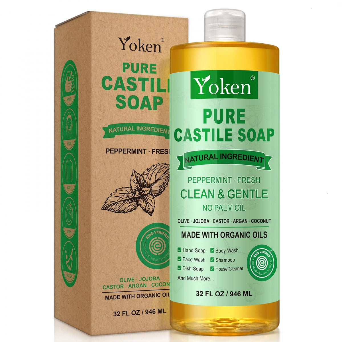 Yoken Peppermint Castile Soap 32oz front view with label