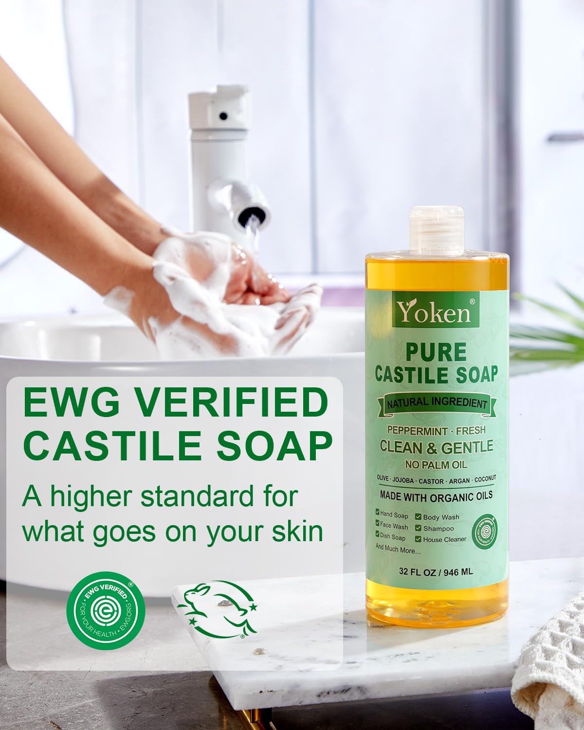 Yoken Peppermint Castile Soap 32oz side view showing bottle design