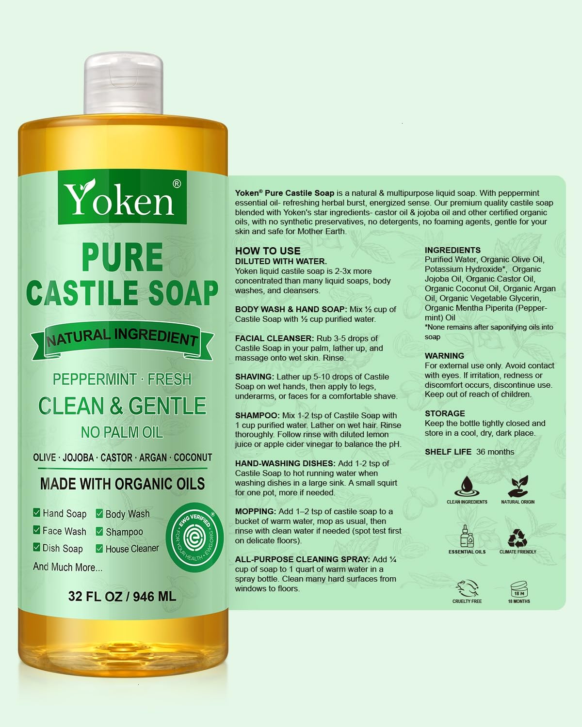 Yoken Peppermint Castile Soap 32oz with natural ingredients