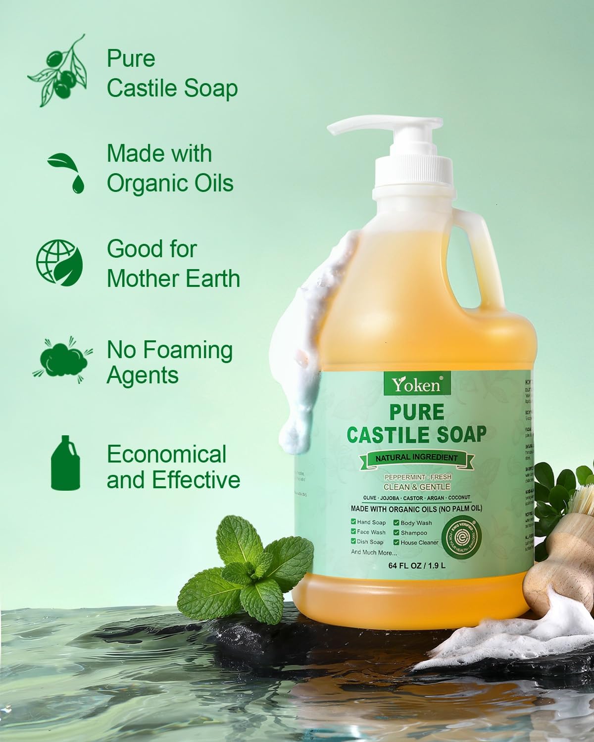 Yoken Peppermint Castile Soap 64oz back view showing ingredients
