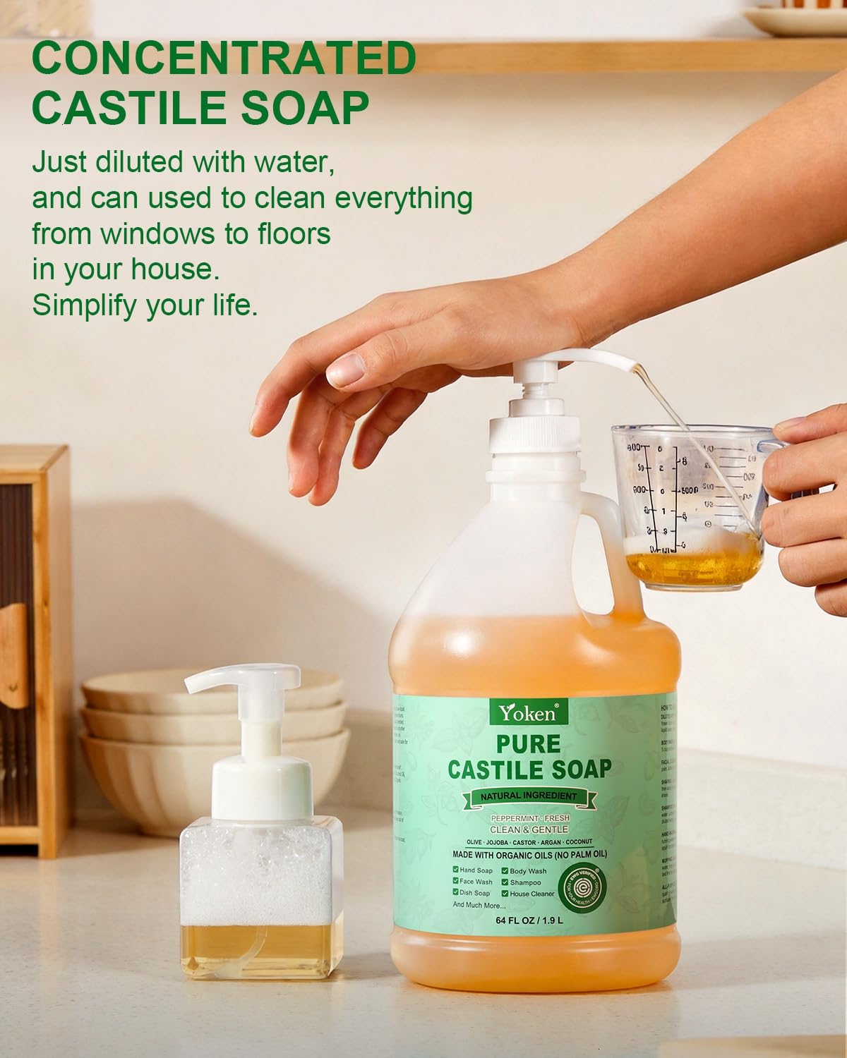 Yoken Peppermint Castile Soap 64oz side view with pump