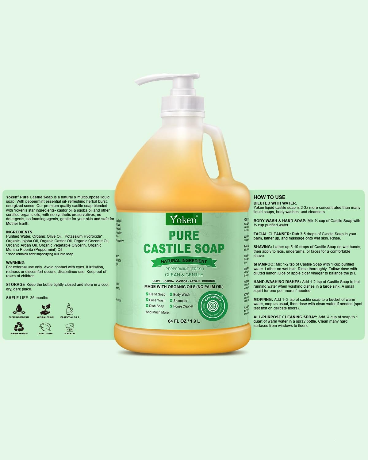 Yoken Peppermint Castile Soap 64oz with other cleaning supplies
