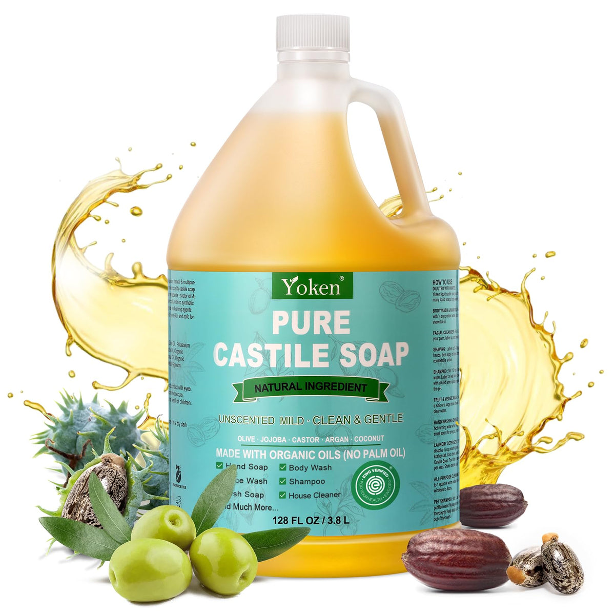 Yoken Pure Castile Liquid Soap 128 Oz unscented in bathroom