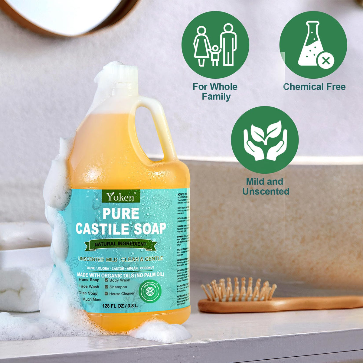 Yoken Pure Castile Liquid Soap 128 Oz unscented with dishes