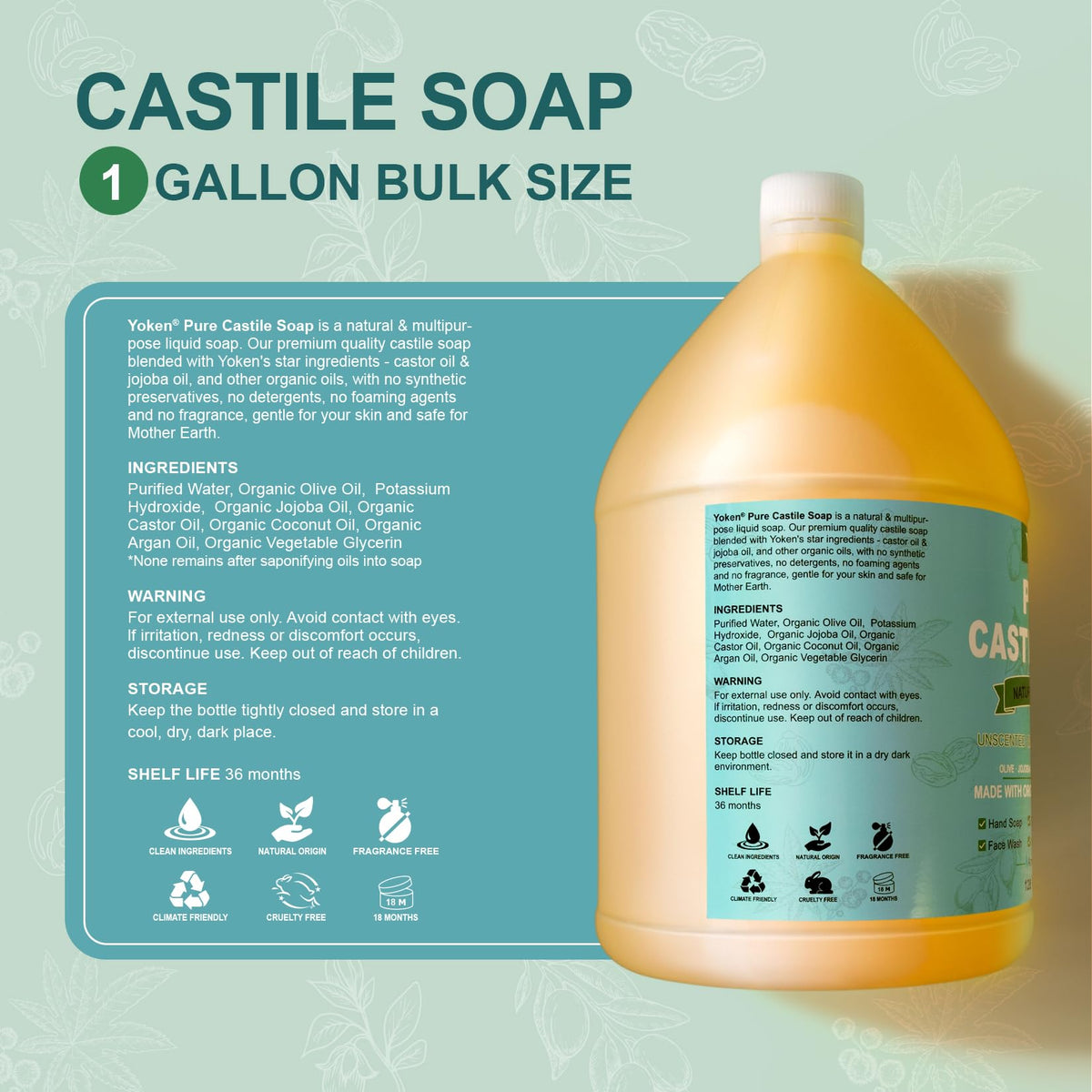 Yoken Pure Castile Liquid Soap 128 Oz unscented with laundry