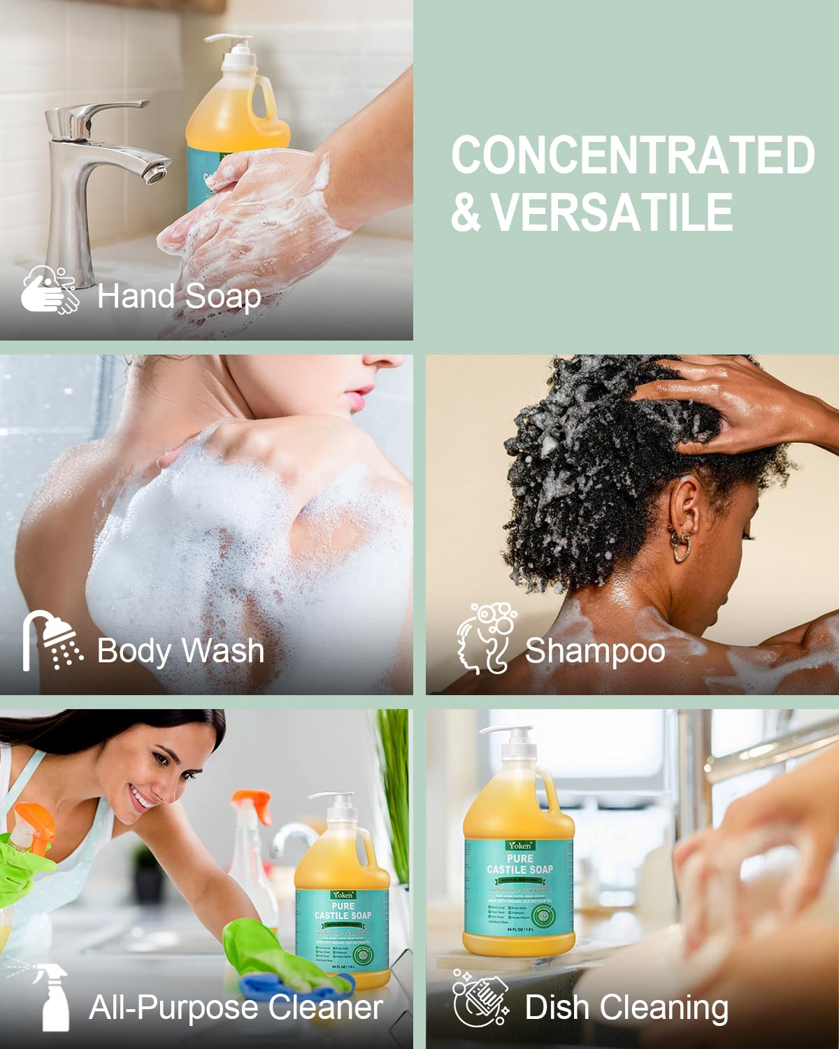 Yoken Pure Castile Liquid Soap 64 Oz displayed in a bathroom