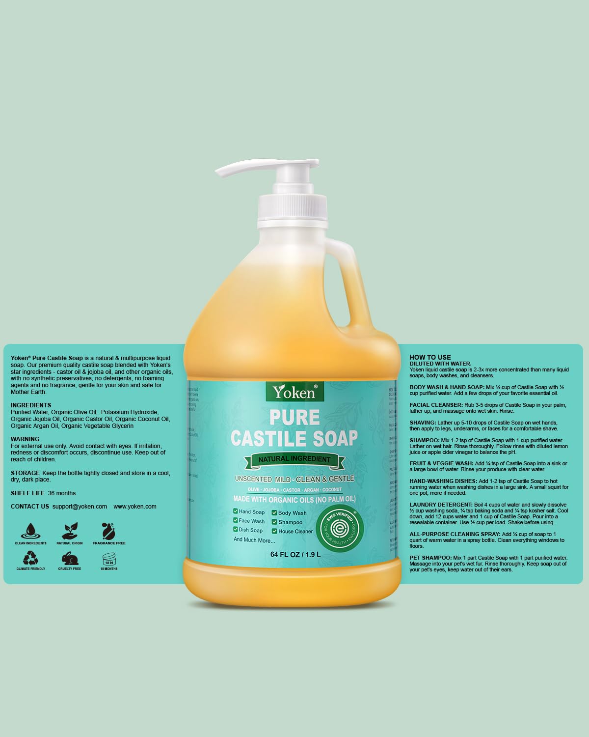Yoken Pure Castile Liquid Soap 64 Oz shown with other cleaning items