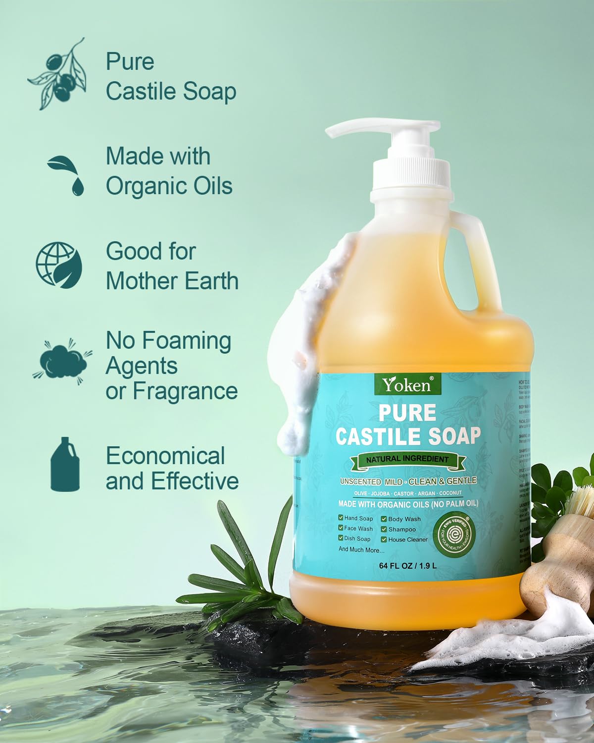 Yoken Pure Castile Liquid Soap 64 Oz side view with pump