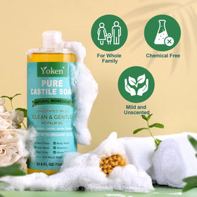 Yoken Pure Castile Soap with bubbles in a sink