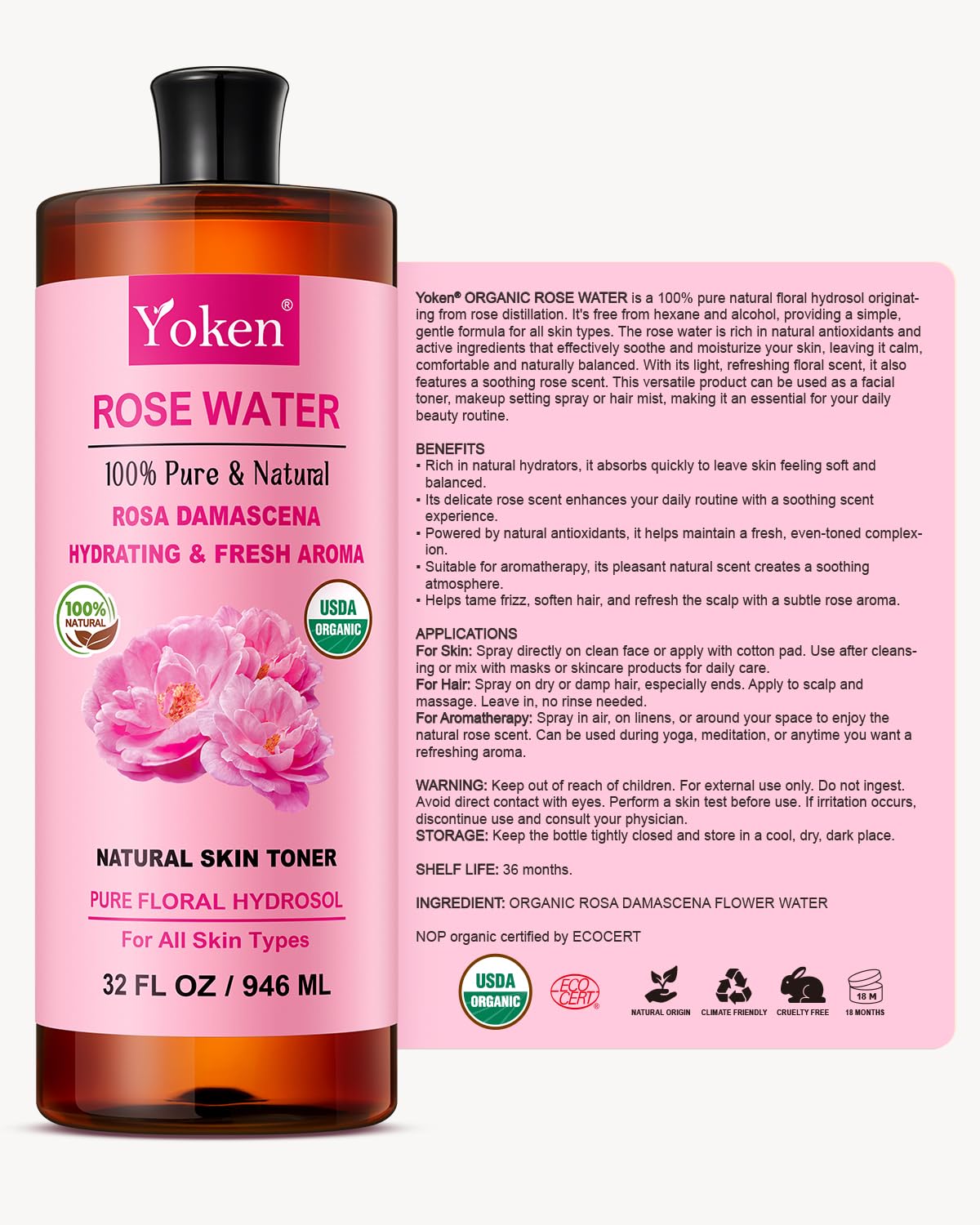 Yoken Pure Rose Water 32oz on a vanity table