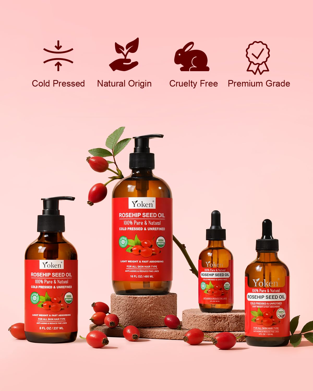 Yoken Rosehip Seed Oil surrounded by natural ingredients