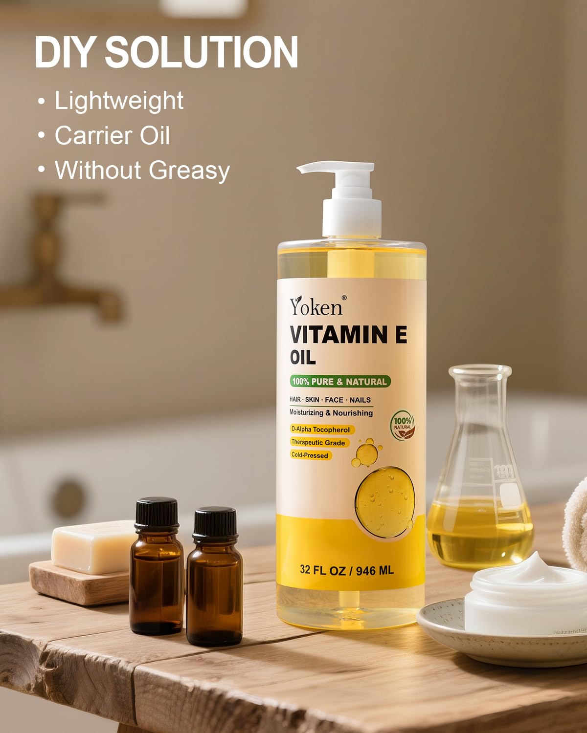 Yoken Vitamin E Oil 32 oz on a bathroom counter