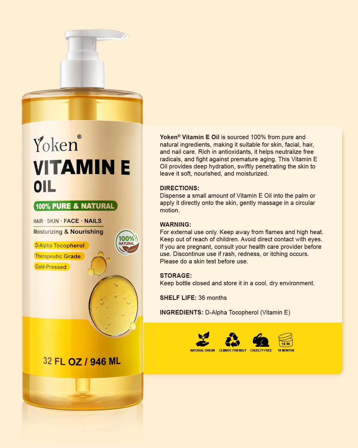 Yoken Vitamin E Oil 32 oz showing pump feature