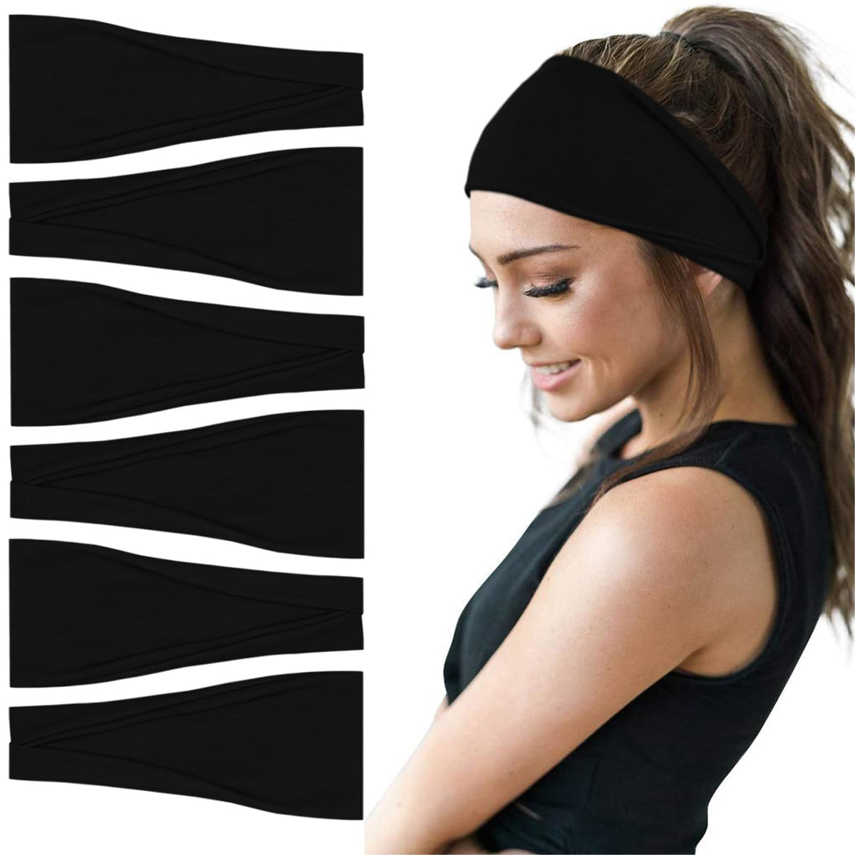 YONUF 6 pack black headbands front view