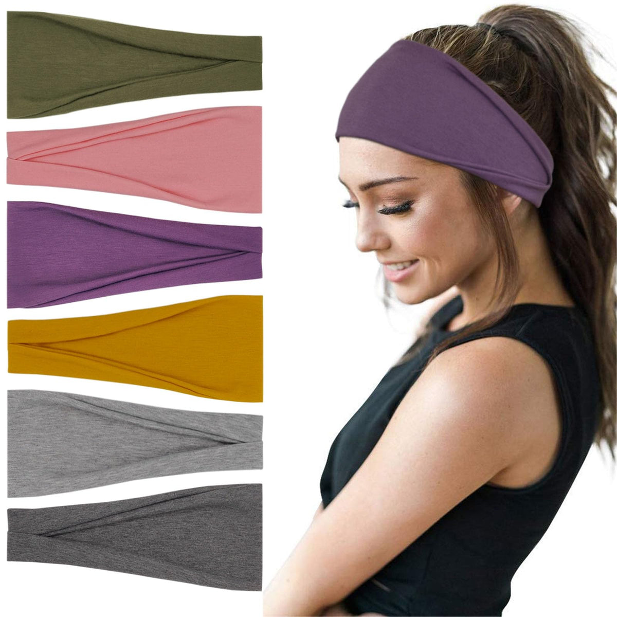 YONUF 6 pack headbands in assorted colours front view