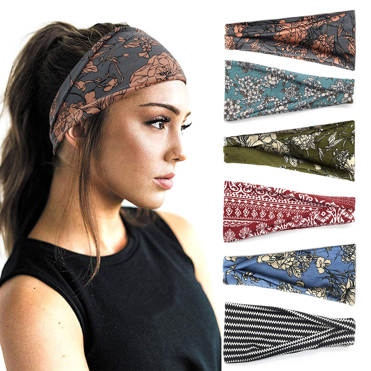 YONUF 6 pack of wide headbands in various floral patterns