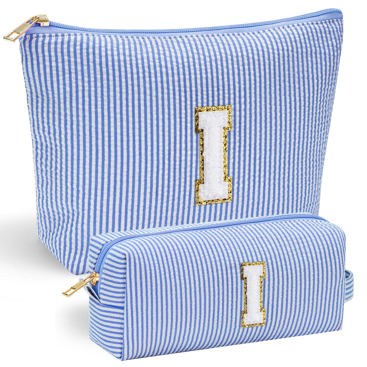 YOOLIFE Cute Blue Makeup Bag Pouch front view with chenille letter