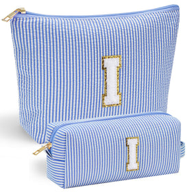 YOOLIFE Cute Blue Makeup Bag Pouch front view with chenille letter