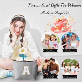 YOOLIFE Cute Initial Makeup Bag open with cosmetics inside