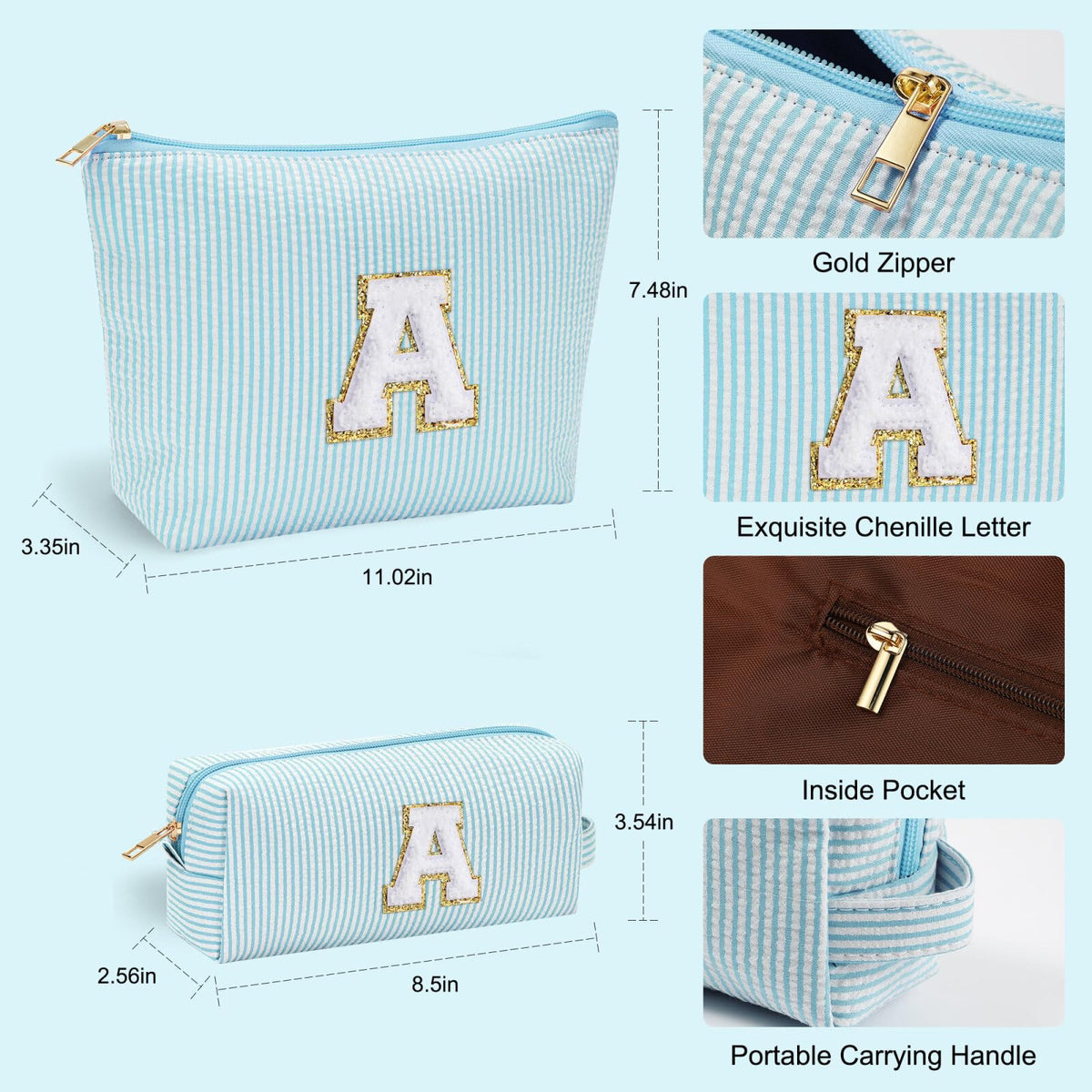 YOOLIFE Cute Makeup Bag in blue with various initial options