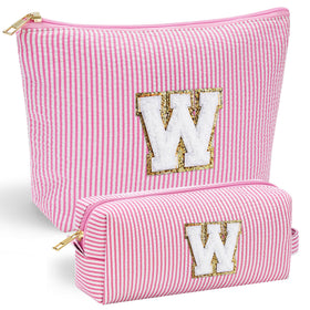 YOOLIFE Cute Pink Initial Makeup Bag front view with chenille letter