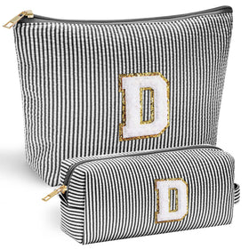 YOOLIFE Initial Cute Monogrammed Makeup Bag front view, black with stitching