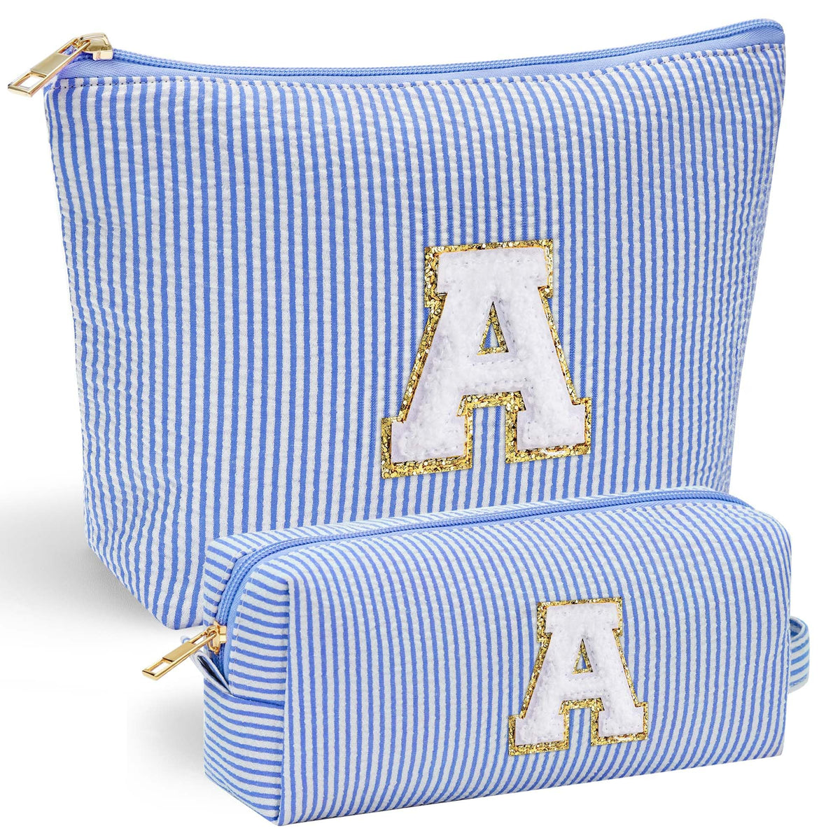 YOOLIFE Initial Makeup Bag Blue front view with stitched letter