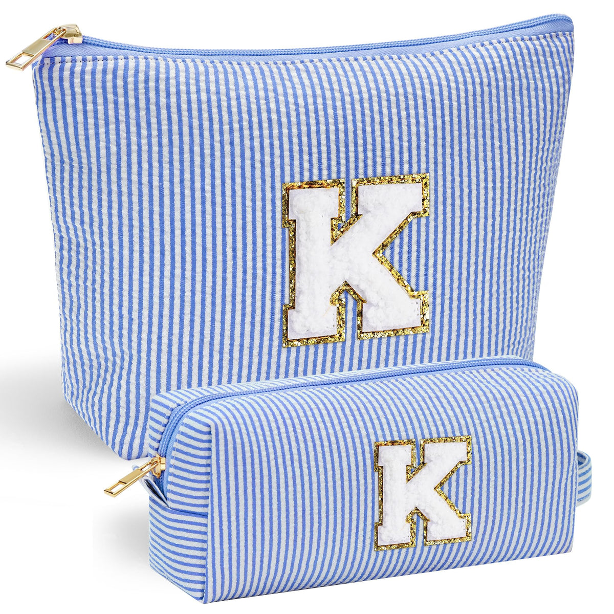 YOOLIFE Initial Makeup Bag Blue K front view with chenille letter