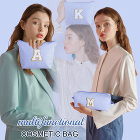 YOOLIFE Initial Makeup Bag Blue K side view showing zipper