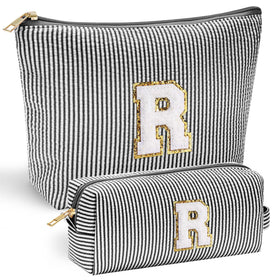 YOOLIFE Initial Makeup Bag front view in black with chenille letter