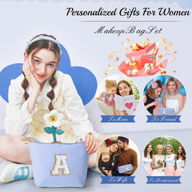 YOOLIFE Initial Makeup Bag in blue with initial A displayed