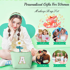 YOOLIFE Initial Makeup Bag in green displayed with makeup items