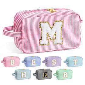 YOOLIFE Initial Makeup Bag in pink with chenille letter front view