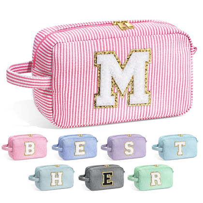 YOOLIFE Initial Makeup Bag in pink with chenille letter front view