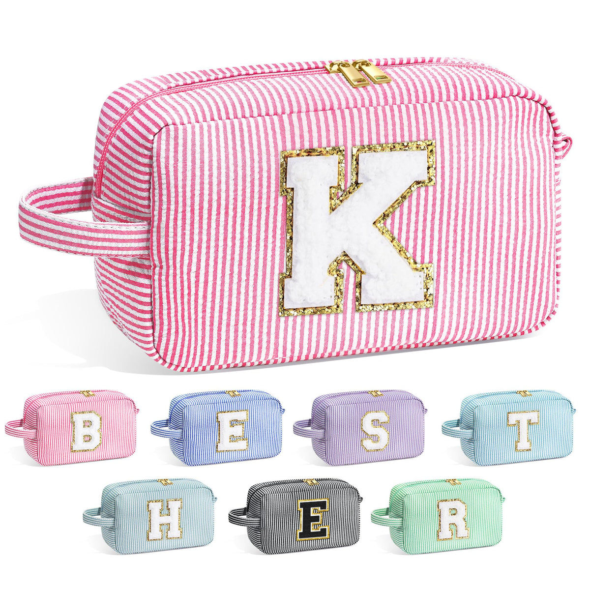 YOOLIFE Initial Makeup Bag pink front view with chenille letter