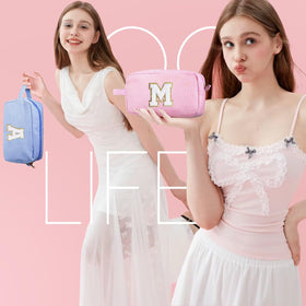 YOOLIFE Initial Makeup Bag pink open showing multiple compartments